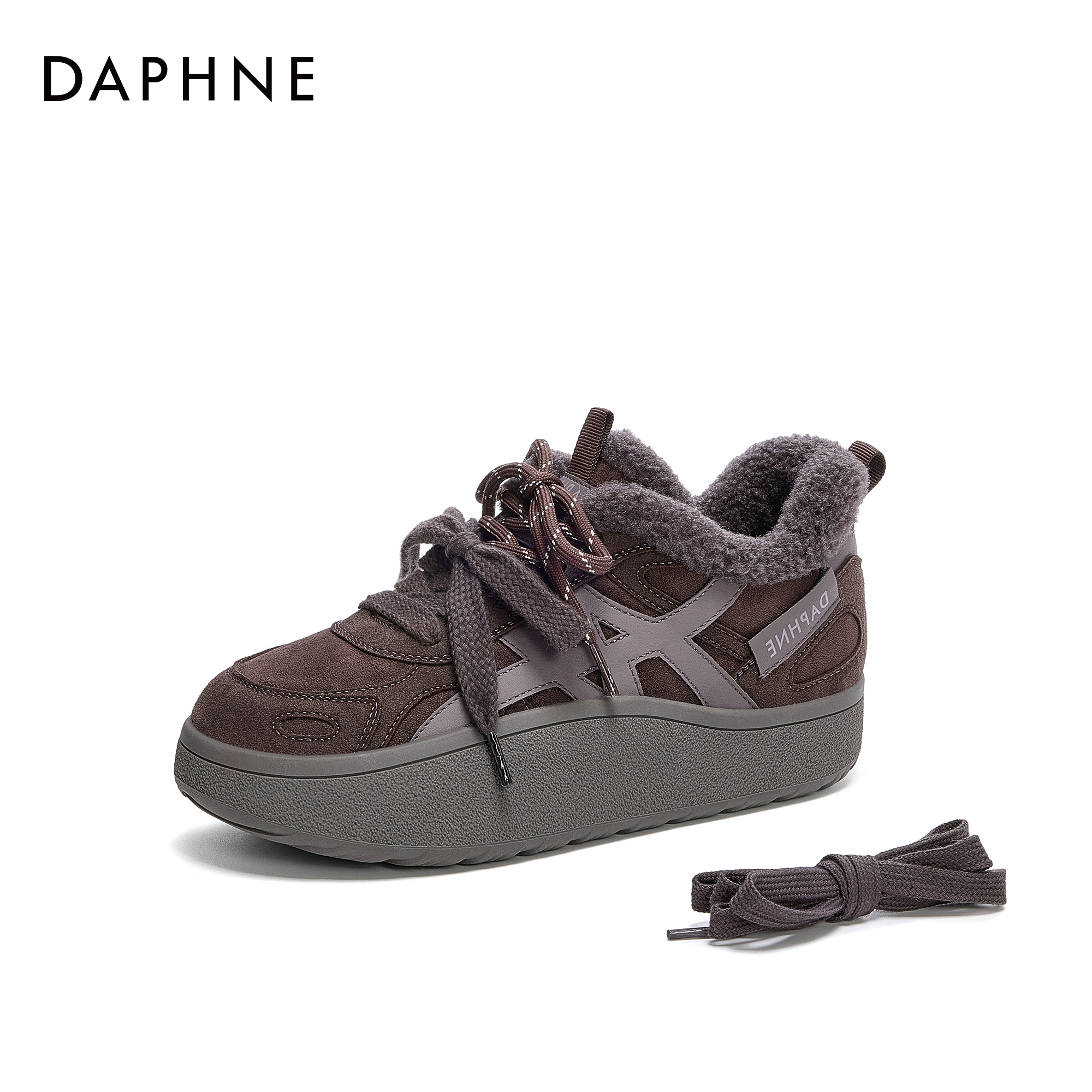 达芙妮新款时尚棉鞋百搭复古港风厚底增高潮流系带加绒加厚休闲鞋