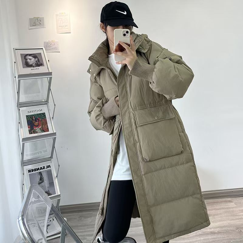 韩版花苞帽羽绒服女中长款新款加厚连帽大口袋螺纹袖保暖过膝外套