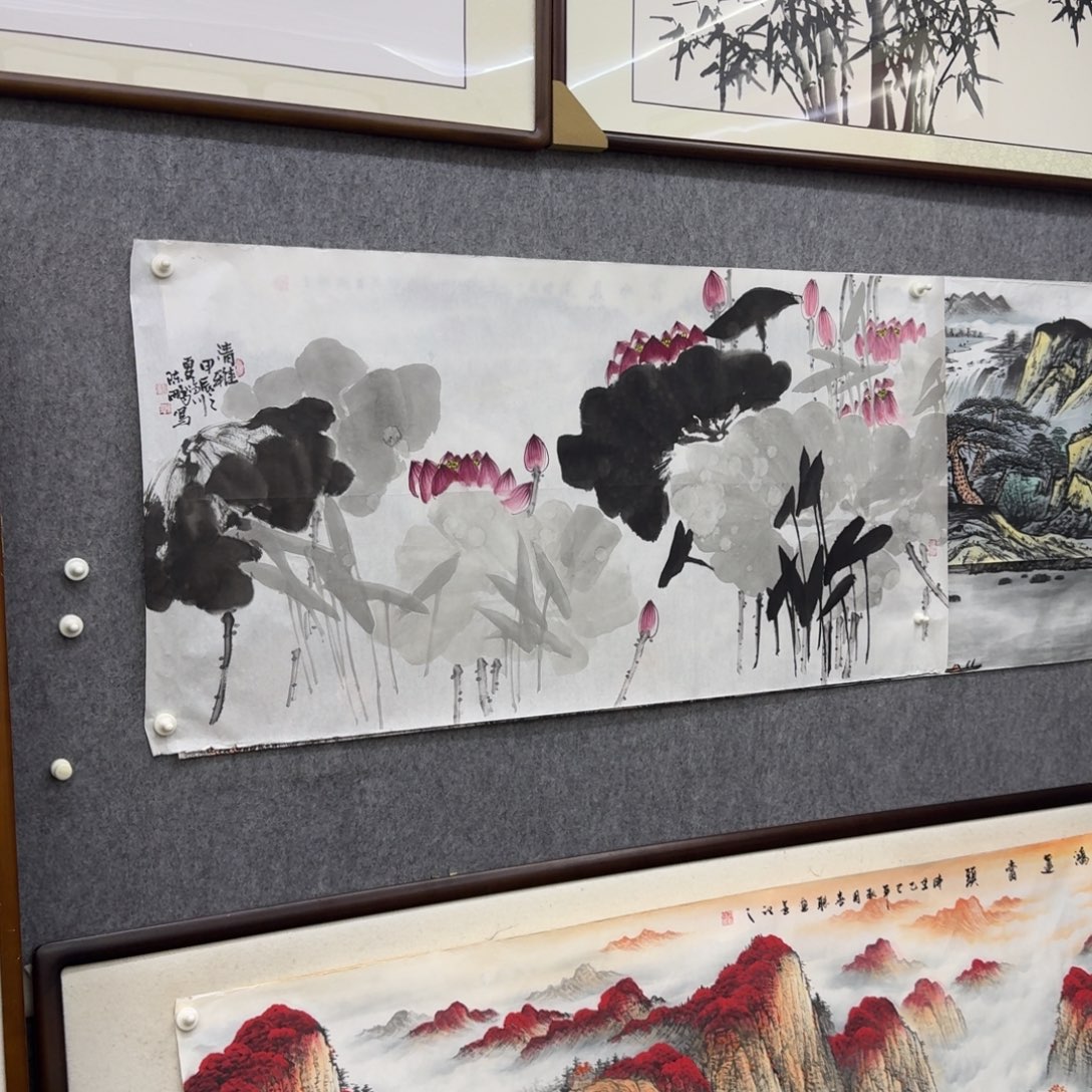 国画清雅荷花图四尺画芯138×69左右