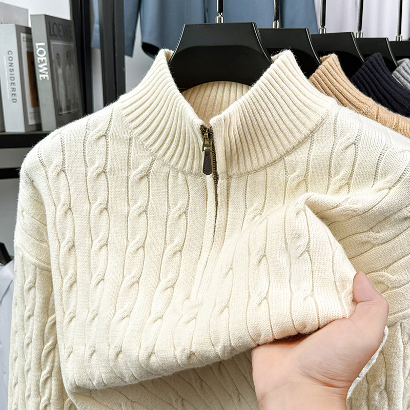 750克重美式复古立领拉链加厚半拉链毛衣麻花浮雕立体秋冬针织衫