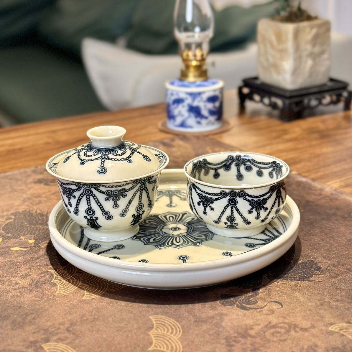 景德镇立勤堂手工手绘青花2号釉璎珞纹精美高档时尚潮流茶具套装