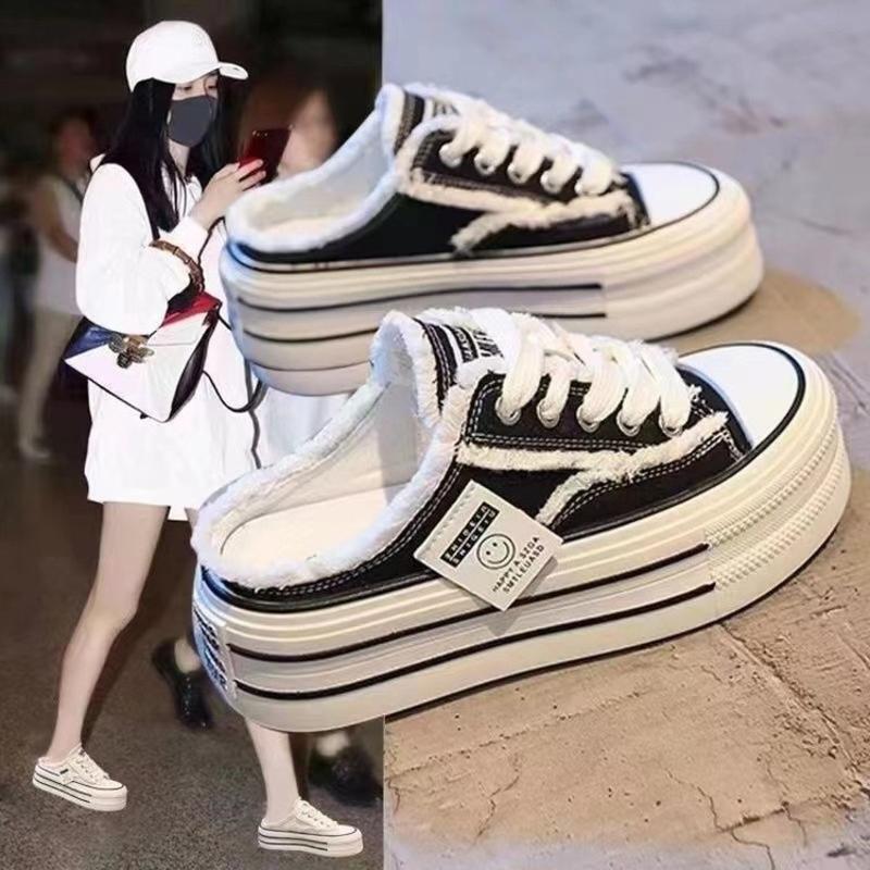 拖鞋女夏外穿2025新款帆布鞋子无后跟厚底百搭懒人半德训轻奢鞋子