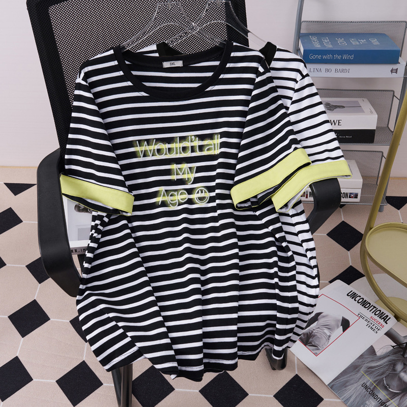 S5612大码女装拼色短袖T恤韩胖MM加肥200斤夏季新款条纹宽松上衣