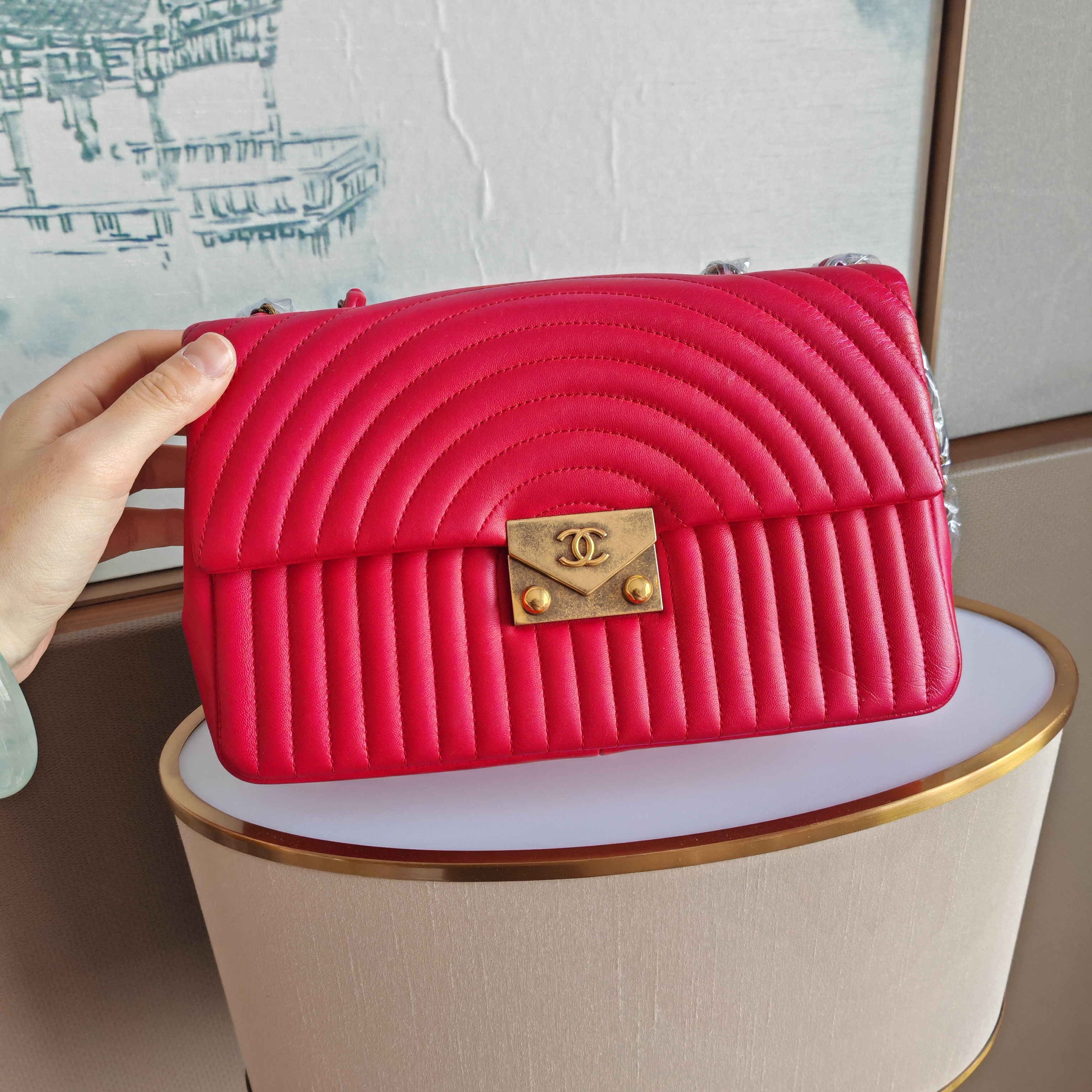 99新 Chanel/香奈儿 玫粉色cf中号金扣链条包斜挎包