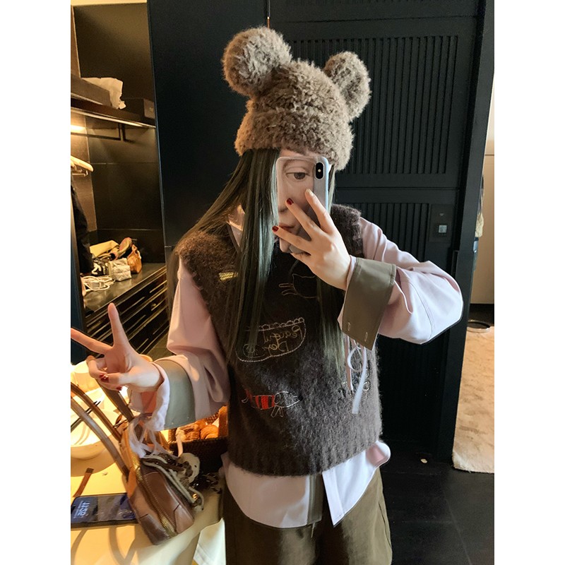 趣味环游记 撞色双层领衬衫+叠穿刺绣马甲两件套装35835