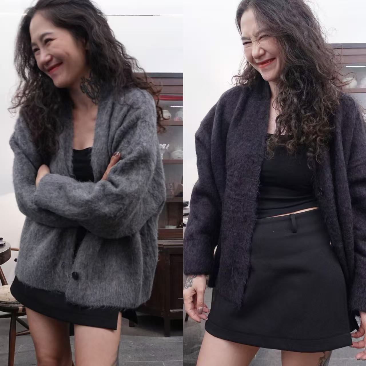 A50612一面V领扣针针衫百搭宽松加厚