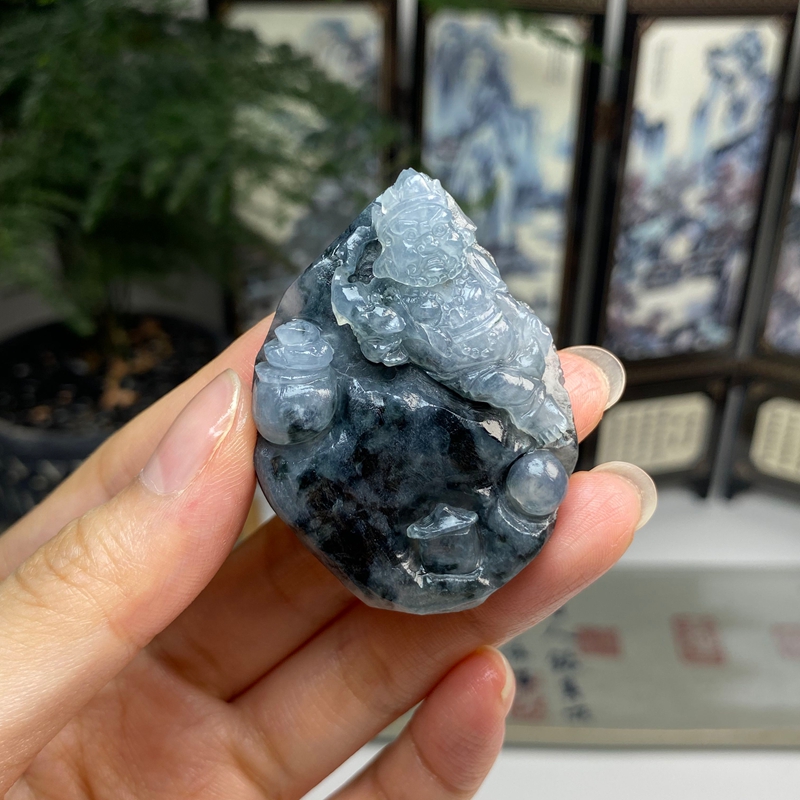 毛货 老种冰乌鸡黄财神挂件摆件 天然翡翠A货