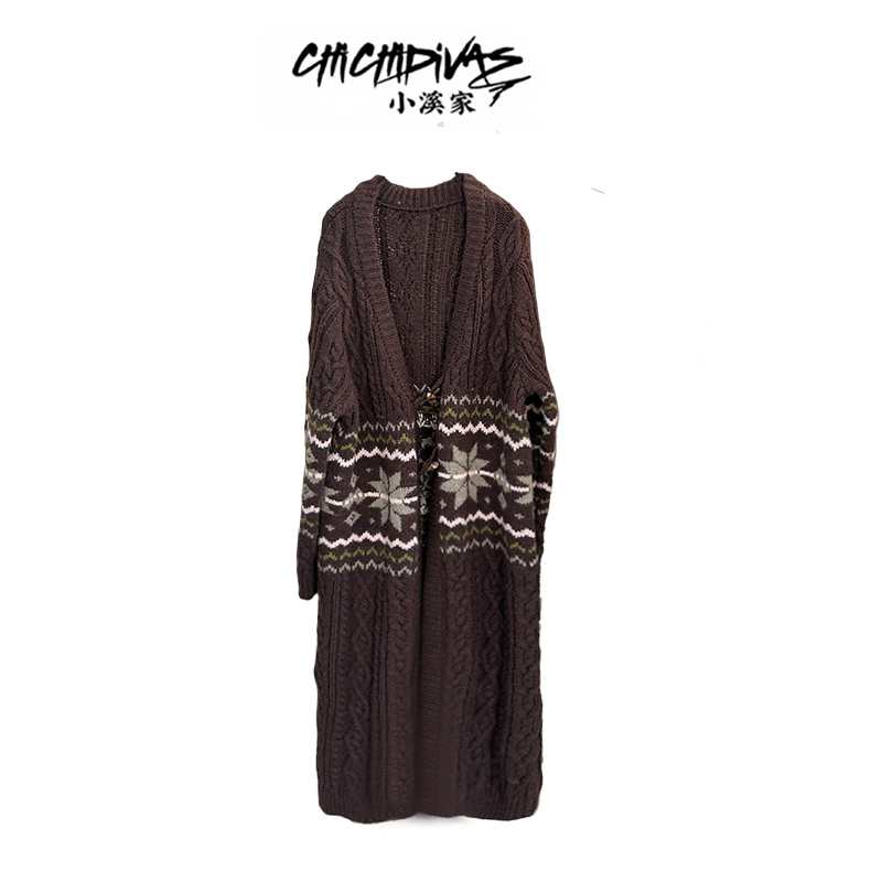 (小溪家）费尔岛棕色提花针织开衫长款毛衣外套秋冬氛围感秋冬穿搭