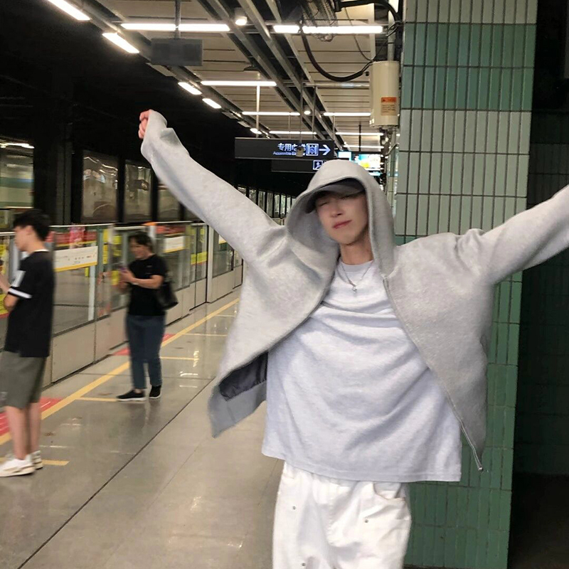 花灰色加绒开衫卫衣男春秋款双拉链连帽外套美式复古穿搭夹克衫