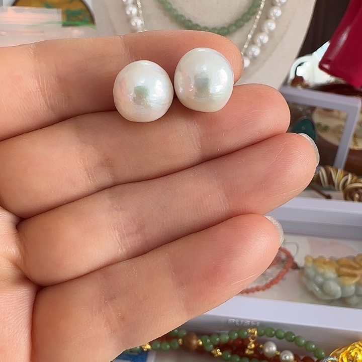 淡水珍珠银S925镶嵌耳饰12-13皱皮巴洛克极光有纹