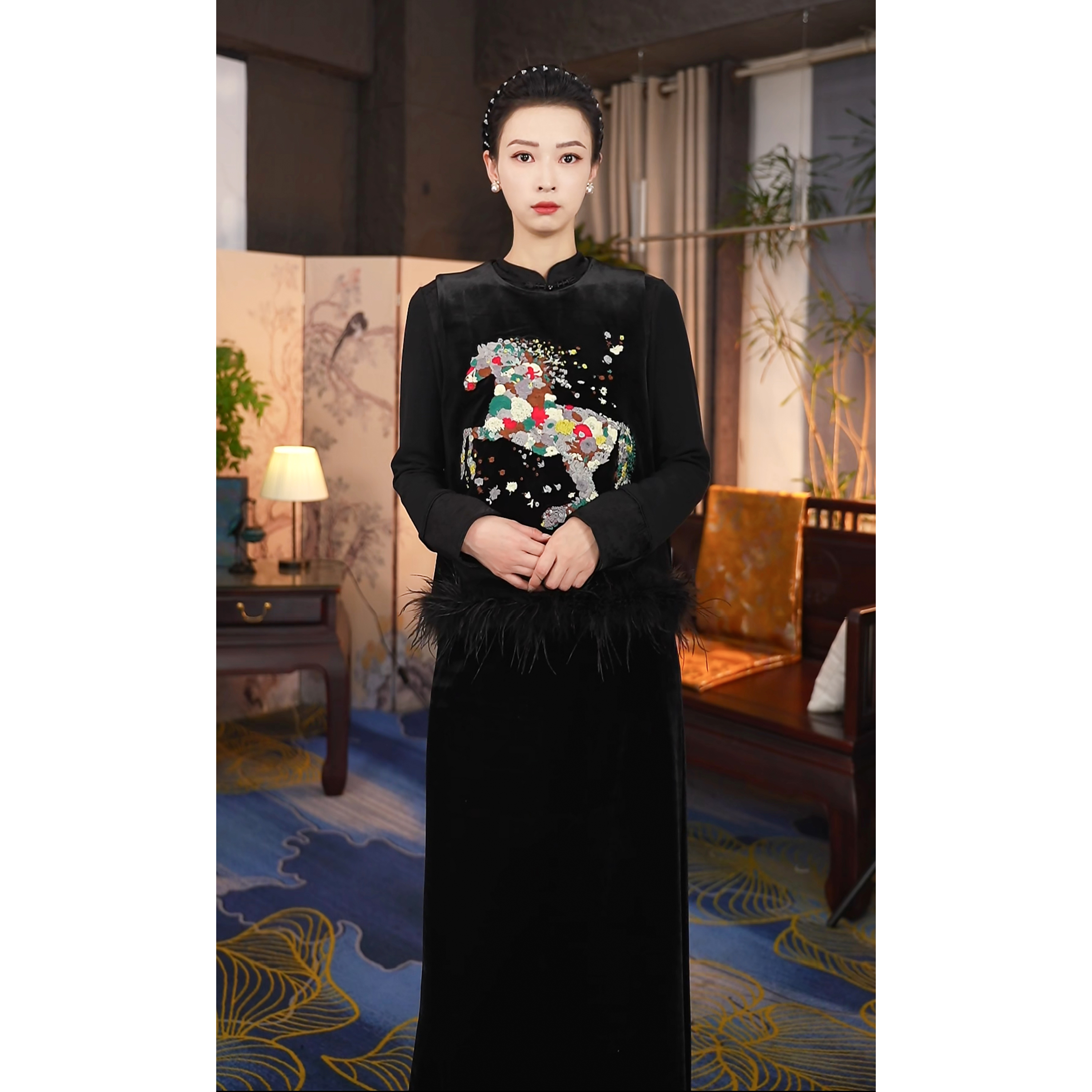 南油美洋洋丨以梦为马原创蚕丝手工花朵刺绣鸵鸟毛可拆卸马甲