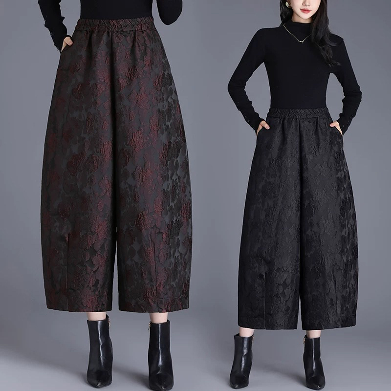 春款提花哈伦阔腿裤女秋冬高腰灯笼花苞休闲裤8093
