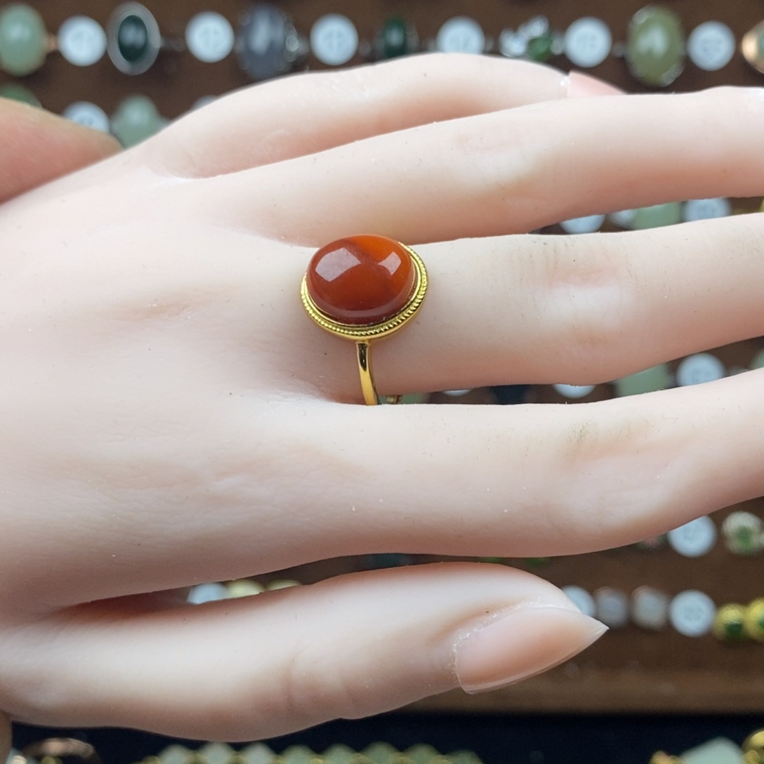 南红玛瑙戒指银S925镀金镶嵌