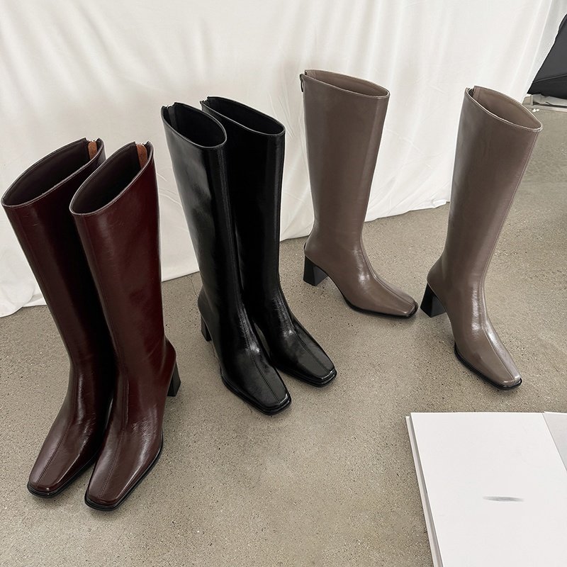 跟高7CM~秋冬新款气质产长靴平口后拉链简约不过膝日常简约骑士靴
