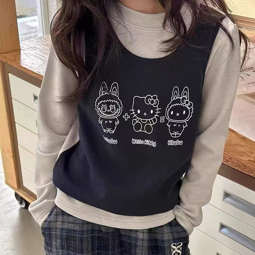 女童自发热薄绒假两件T恤秋冬女孩时尚百搭修身打底衫上衣休闲