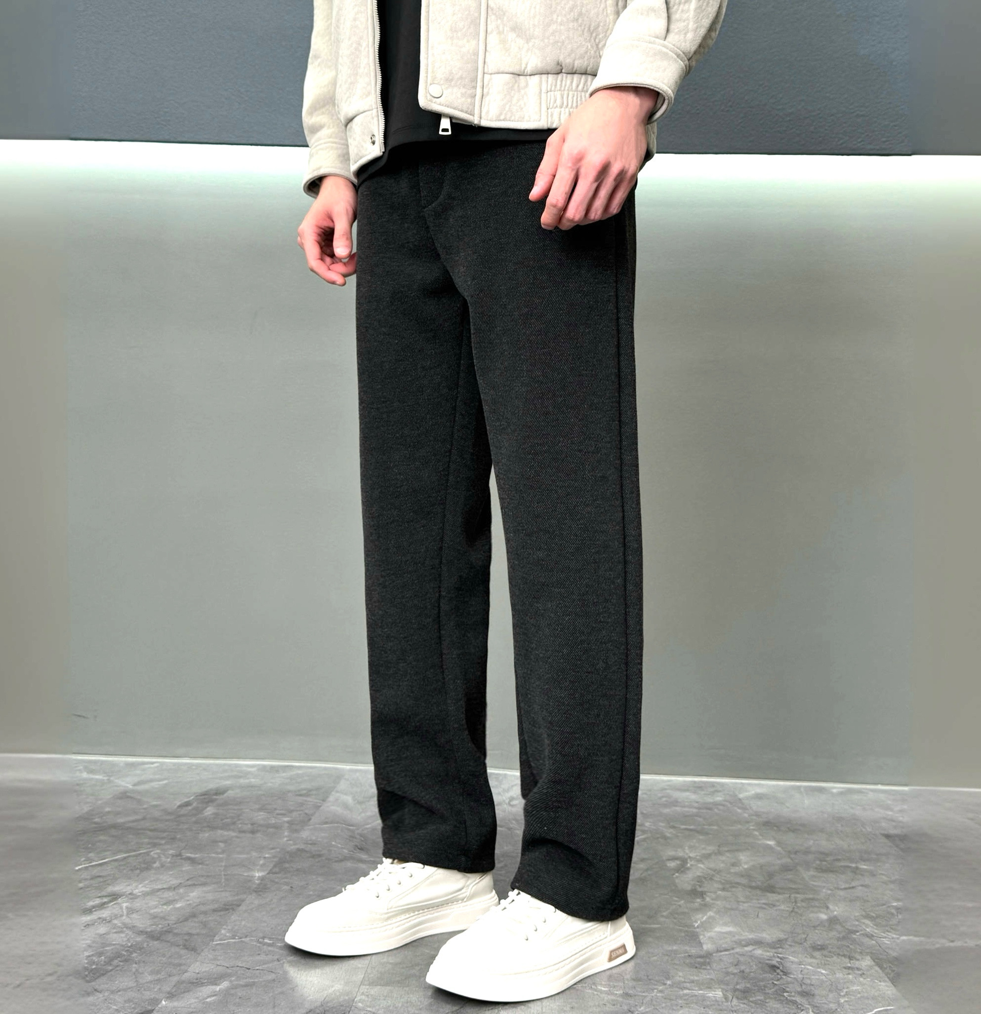 2025秋冬加厚保暖直筒长裤松紧腰毛呢卫裤羊毛男士休闲裤-2399
