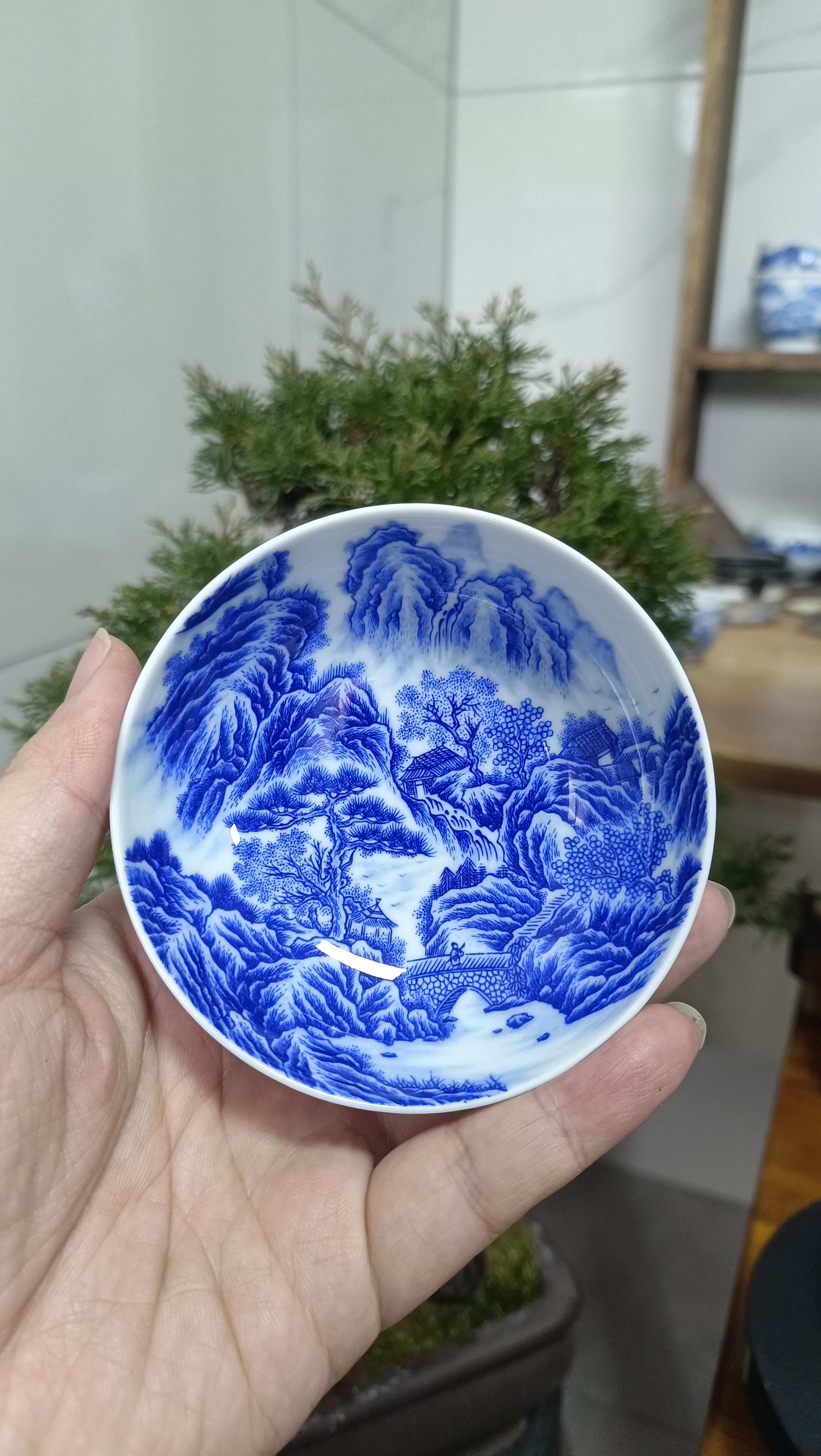 执笔忘月款手绘青花山水杯满工福利