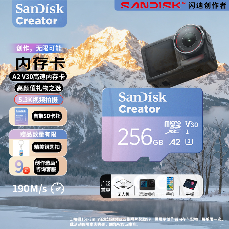 Sandisk/闪迪256G高速5.3K内存卡A2创作者大疆TF卡无人机运动相机