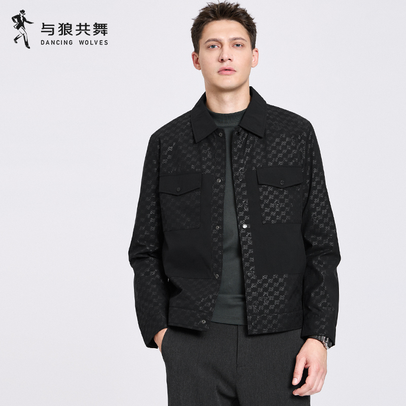 【棋盘格印花】与狼共舞翻领夹克男士2025秋季新款防风休闲时尚外套