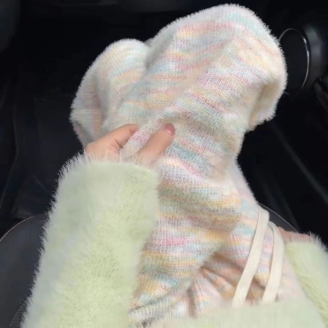 加绒加厚彩虹阔腿裤女仿水貂垂感针织高腰糯米裤子百搭显瘦休闲裤