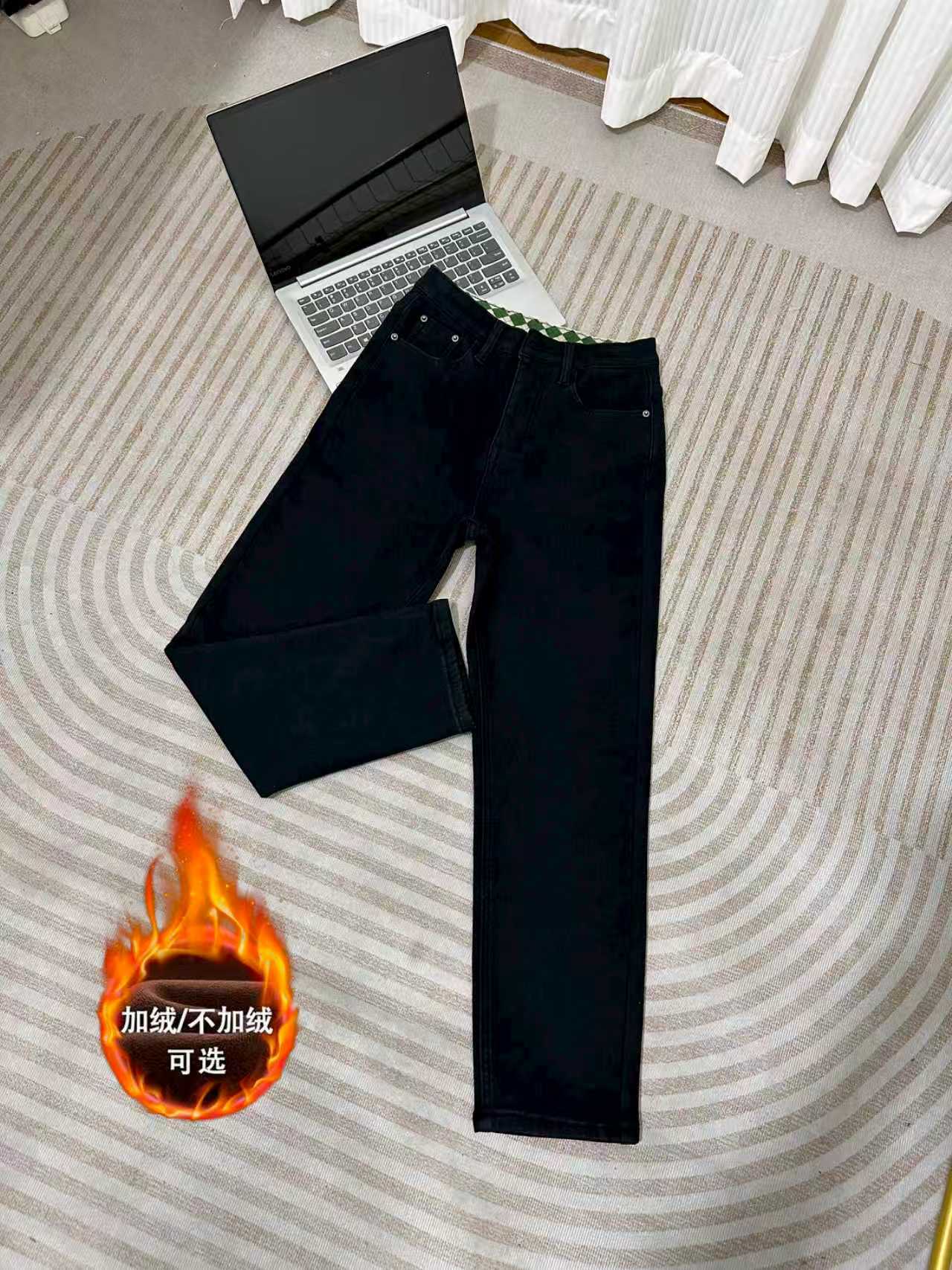 秋冬新款加绒黑色高腰直筒牛仔裤休闲加厚弹力显瘦烟管裤百搭裤子