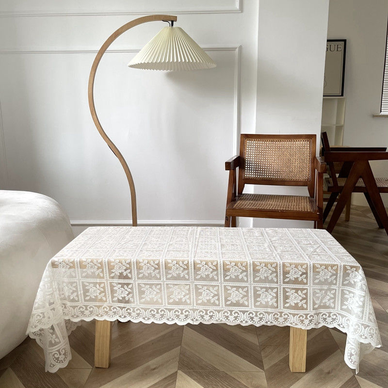 （140*140）方格玫瑰  ins复古方格玫瑰蕾丝桌布茶几床头柜盖巾摆拍