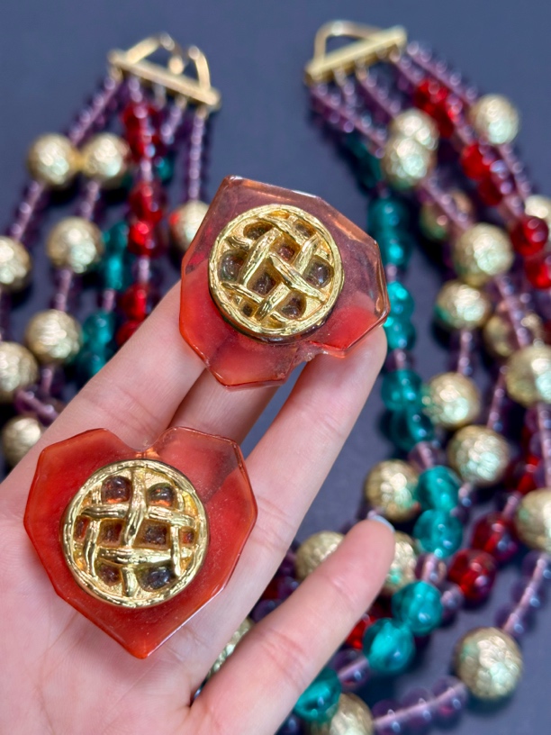 铜合金树脂耳饰 Vintage果冻爱心耳夹