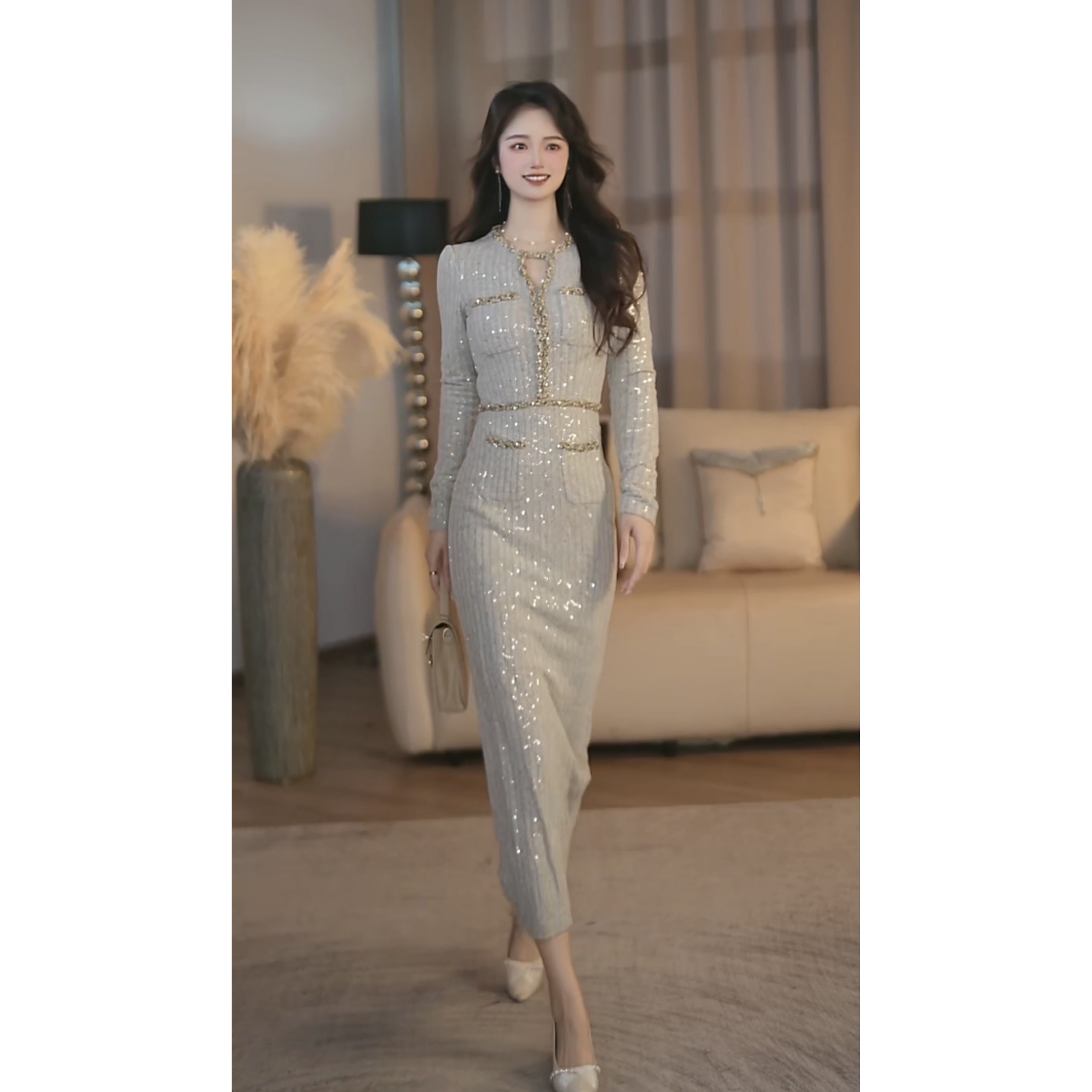 【琬琬】华伦灰韵冬季新款法式气质高级显瘦直筒连衣裙-YL11211