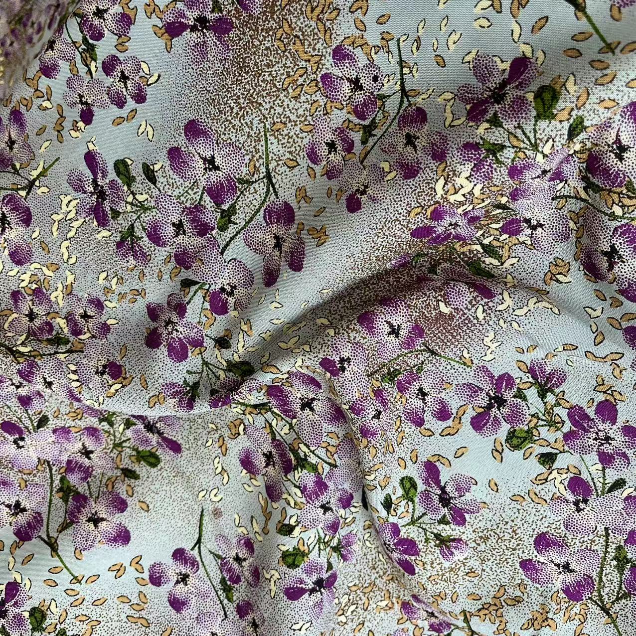 【绒兰】升级款！重磅雕印染底棉绸布料 219号 绿叶紫花