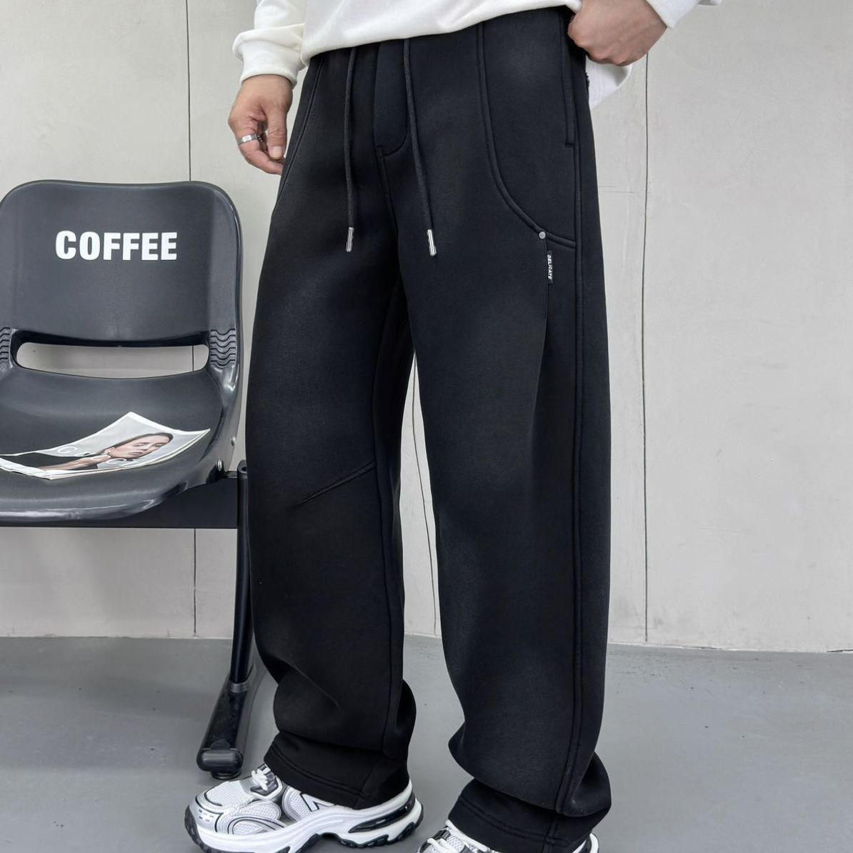 秋冬季男士弯刀裤美式复古水洗针织阔腿裤宽松百搭休闲裤中腰长裤