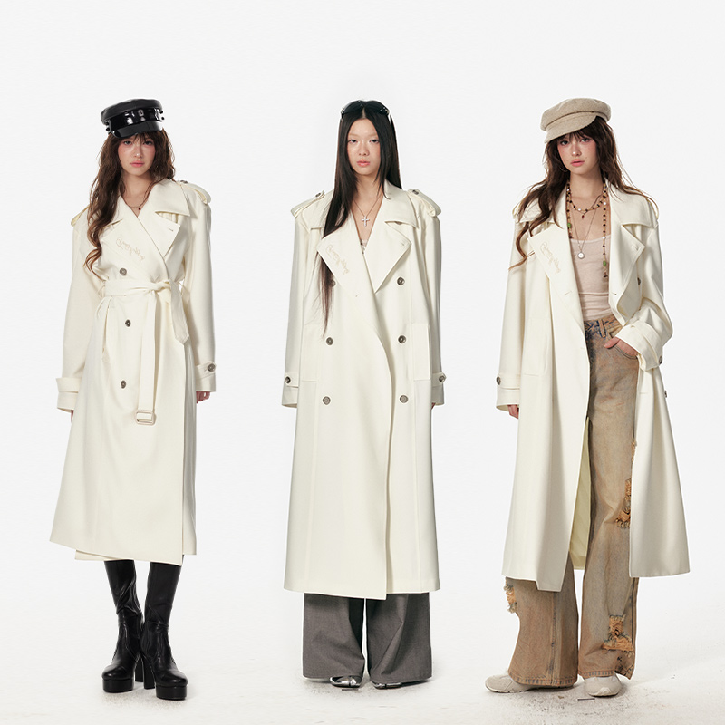 【清清专场】4muggle刺绣碎褶“城市流浪”廓形时髦金属雕花银扣风衣