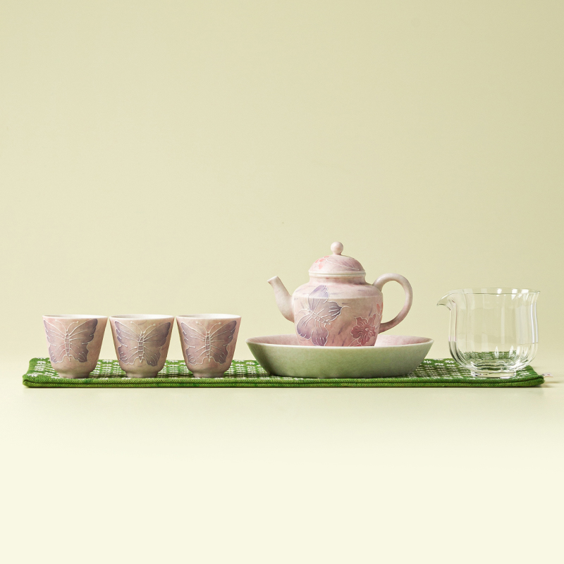 赞朴岩矿淡粉功夫茶具套装堆雕蝴蝶高颜值泡茶壶茶杯茶席泡茶茶具