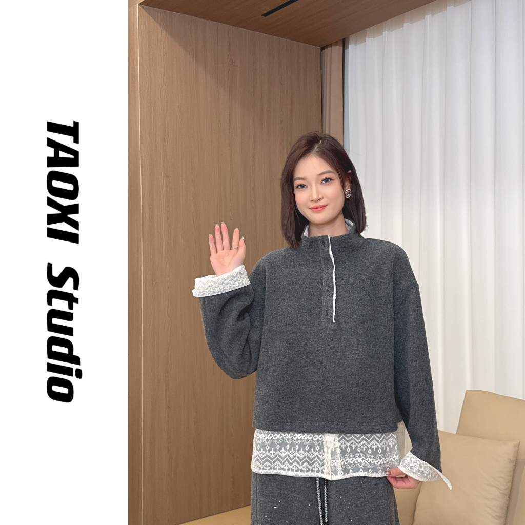 [TAOXI]2025极简百搭下摆蕾丝拼接半高领减龄通勤卫衣