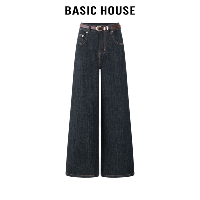 百家好/Basic House复古高腰2024年阔腿裤金属纽扣直筒牛仔裤女夏