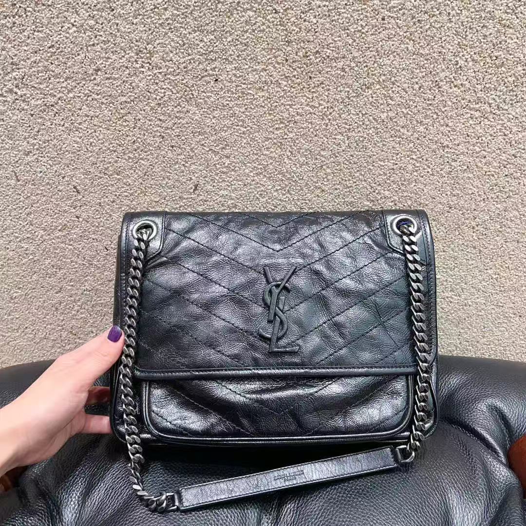 99新 YSL/圣罗兰 YSL圣罗兰 Niki 黑色褶皱皮革链条包中号