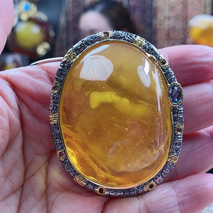 琥珀颈饰银S925镶嵌吊坠胸针两用款