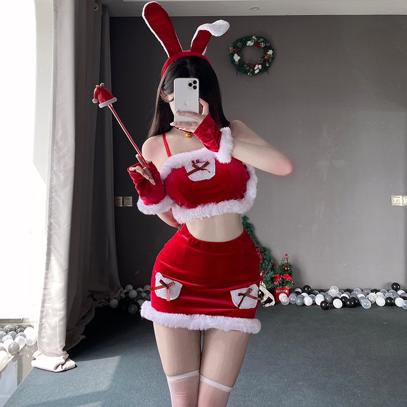 圣诞节性感兔女郎cos新年吊带抹胸包臀短裙角色扮演主播制服套装