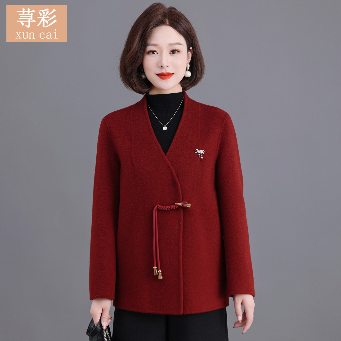 100%纯羊毛秋冬季新款妈妈双面羊毛大衣短款新中式国风毛呢子外套