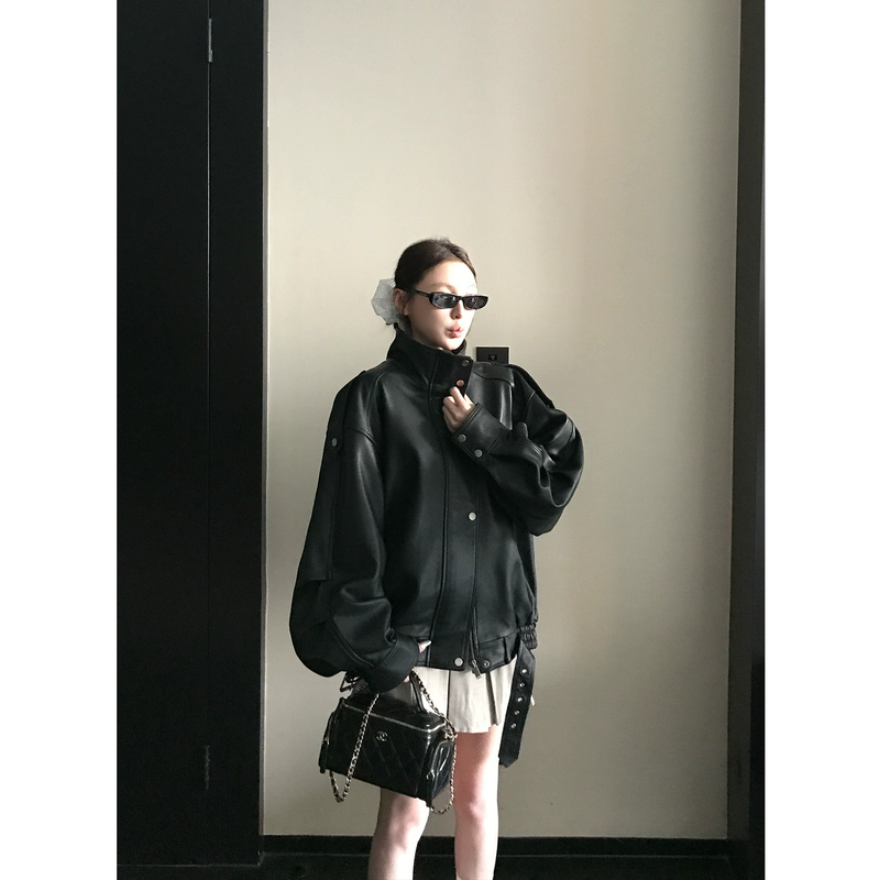 COCO LIMITED"酷飒机能"进口英胚轻蜡绵羊皮真皮皮衣立领外套女