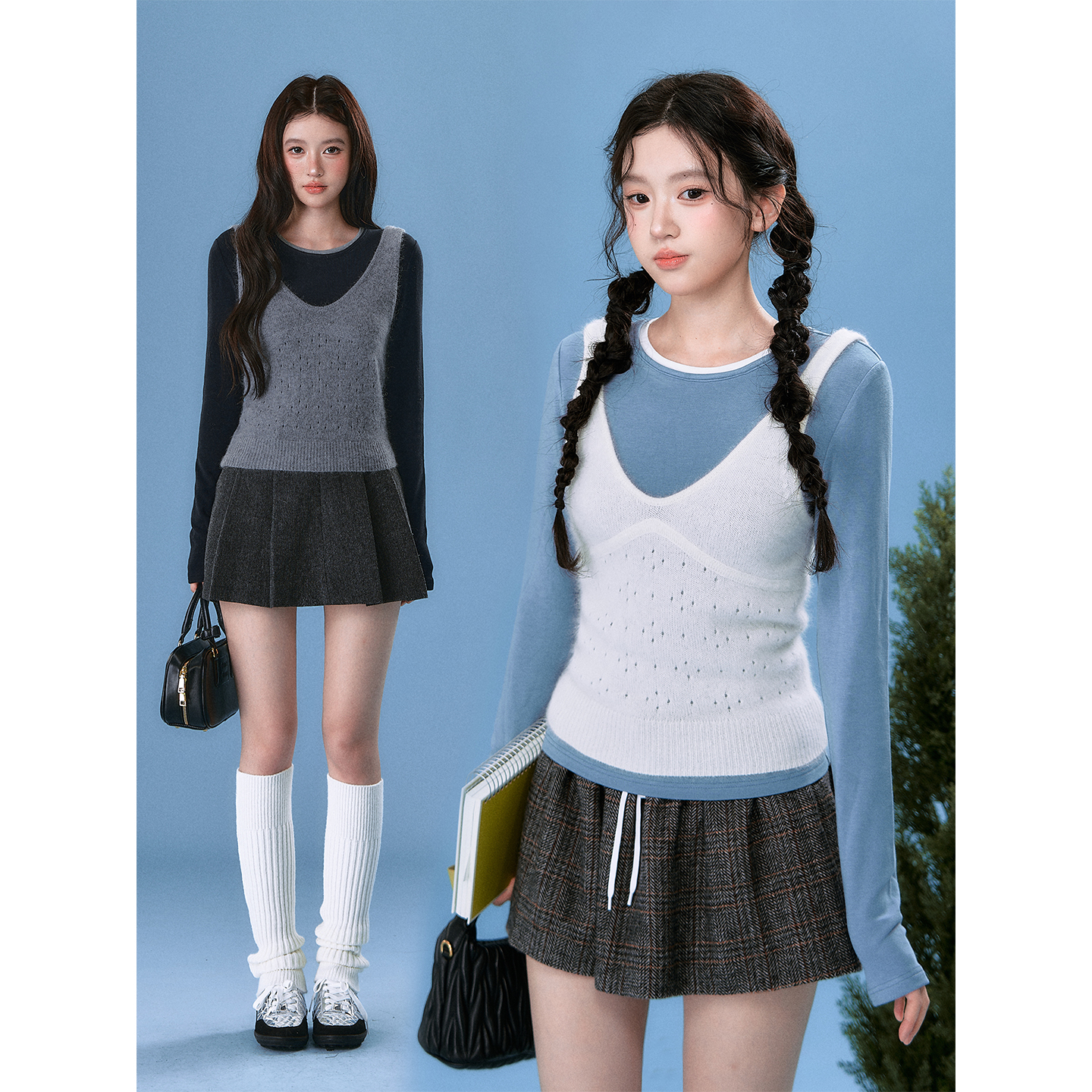 OIOI ESSE｜时尚百搭纯色针织吊带长袖套装女秋冬叠穿圆领上衣