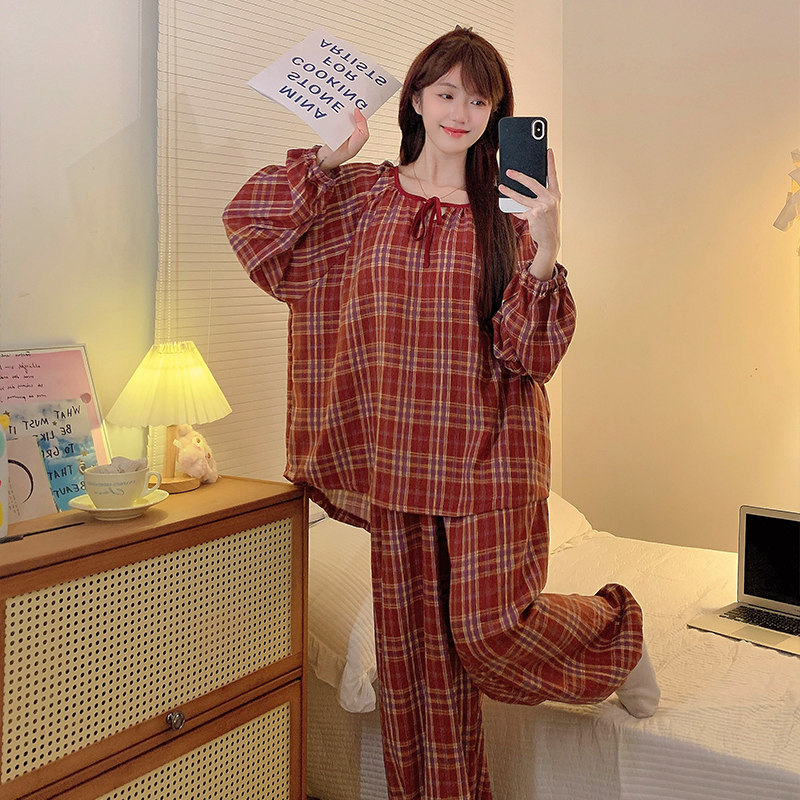 炸姐带胸垫睡衣女春秋季2025新款格兰红圆领休闲套装可外穿家居服