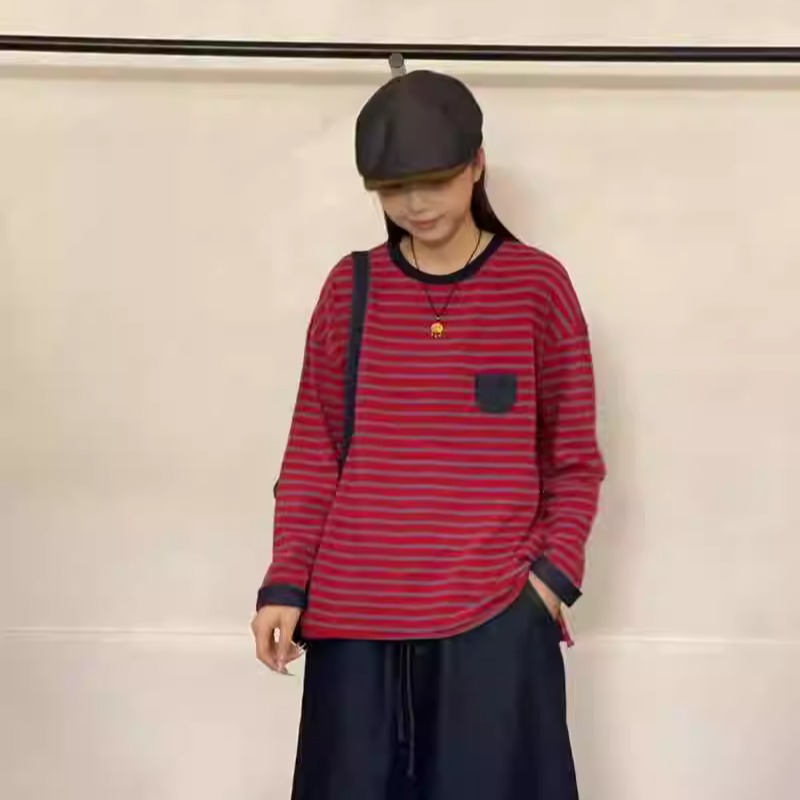 讠木35619条纹长袖T恤女2025新款宽松圆领纯棉简约百搭秋季