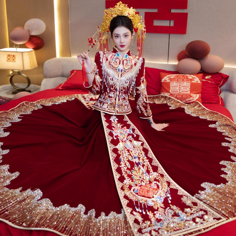 高档中式秀禾服大码新娘结婚丝绒嫁衣出阁服小个子婚服修身遮肚子
