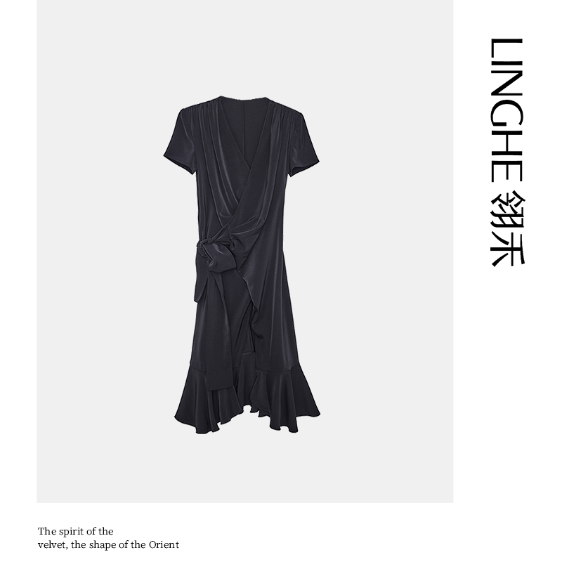 翎禾LINGHE-V领绑带长裙气质时尚女士夏
