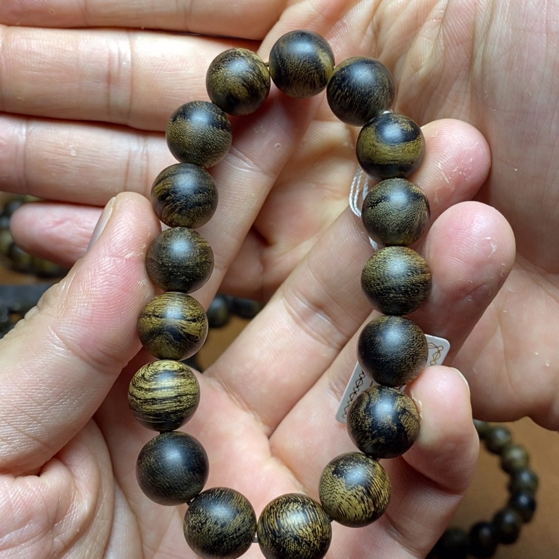 沉香木手串慕*黑越南芽庄白奇楠1.2虫漏虎斑虎皮