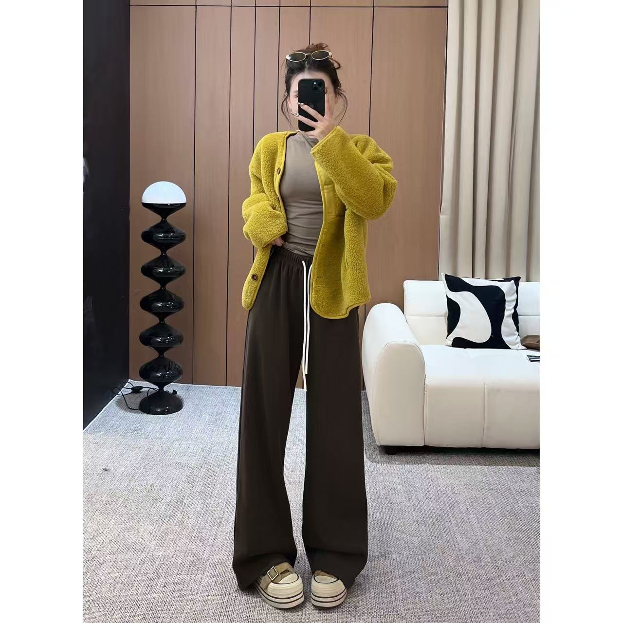 加绒糯米裤百搭休闲直筒垂感秋冬加绒松弛感裤子女咖-K3526