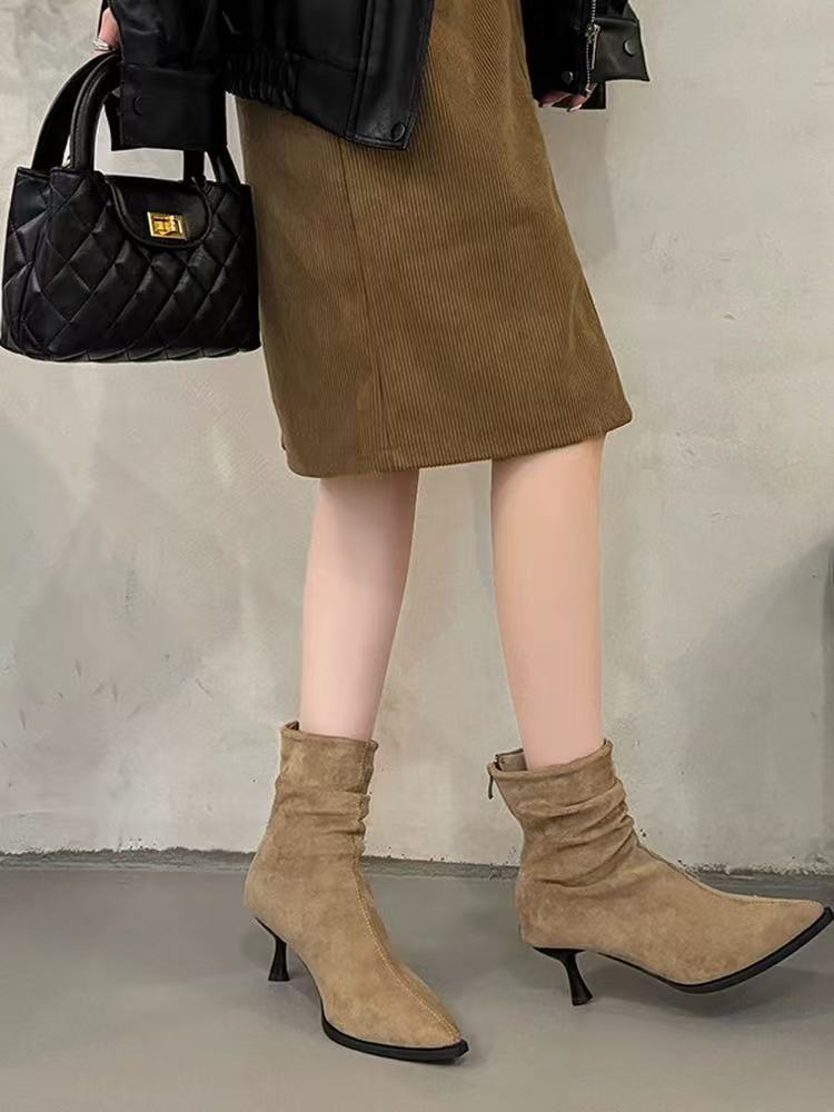 W29023法式尖头短靴女秋冬新款西部堆堆靴子显瘦高跟瘦瘦靴  单里