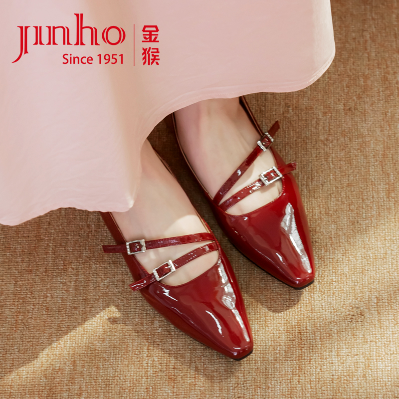 Jinho/金猴尖头玛丽珍单鞋红色平跟百搭一字扣浅口女鞋Q59164A