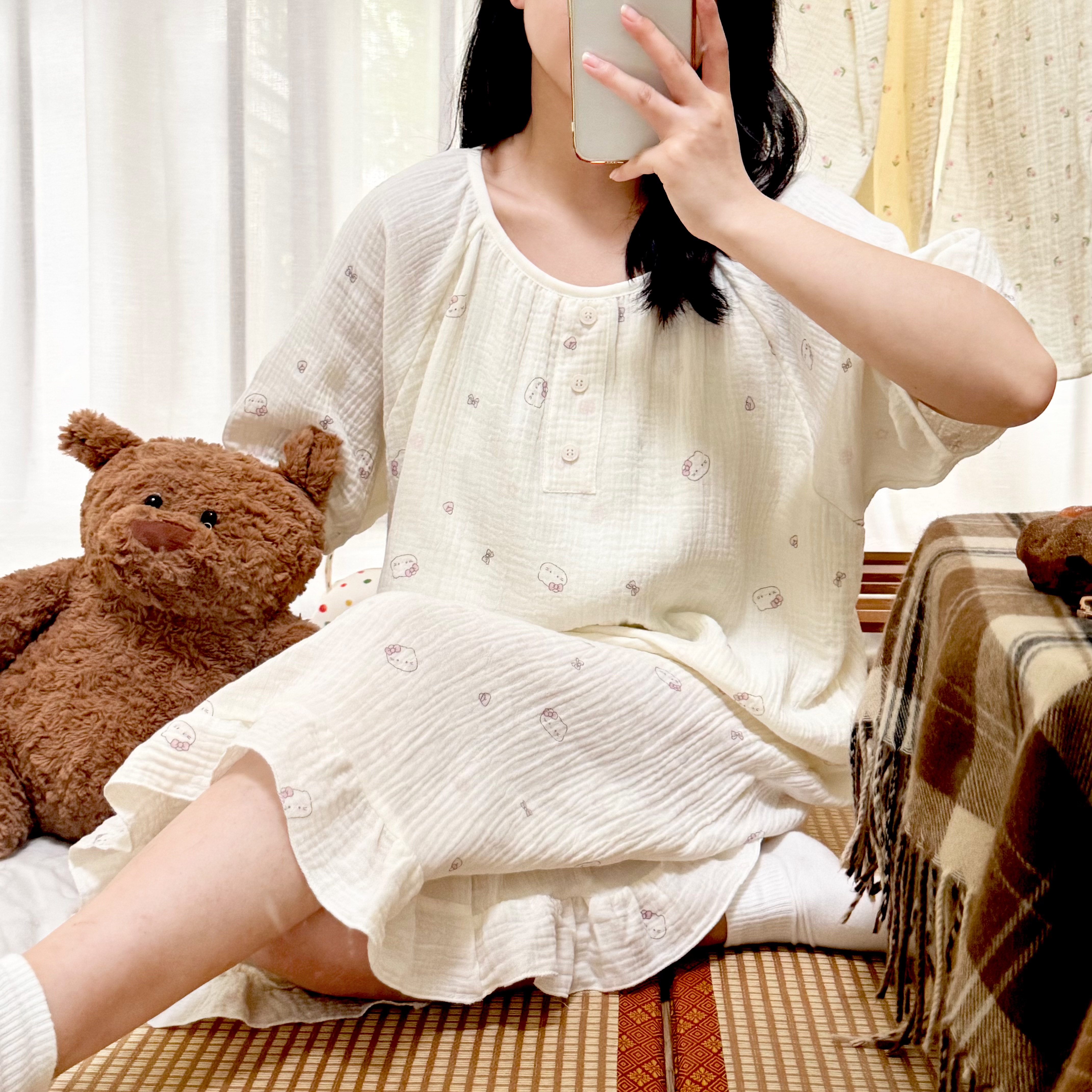 「中长裙」100%棉婴儿双层纱夏季甜美薄款韩版网红宽松卡通透气睡裙