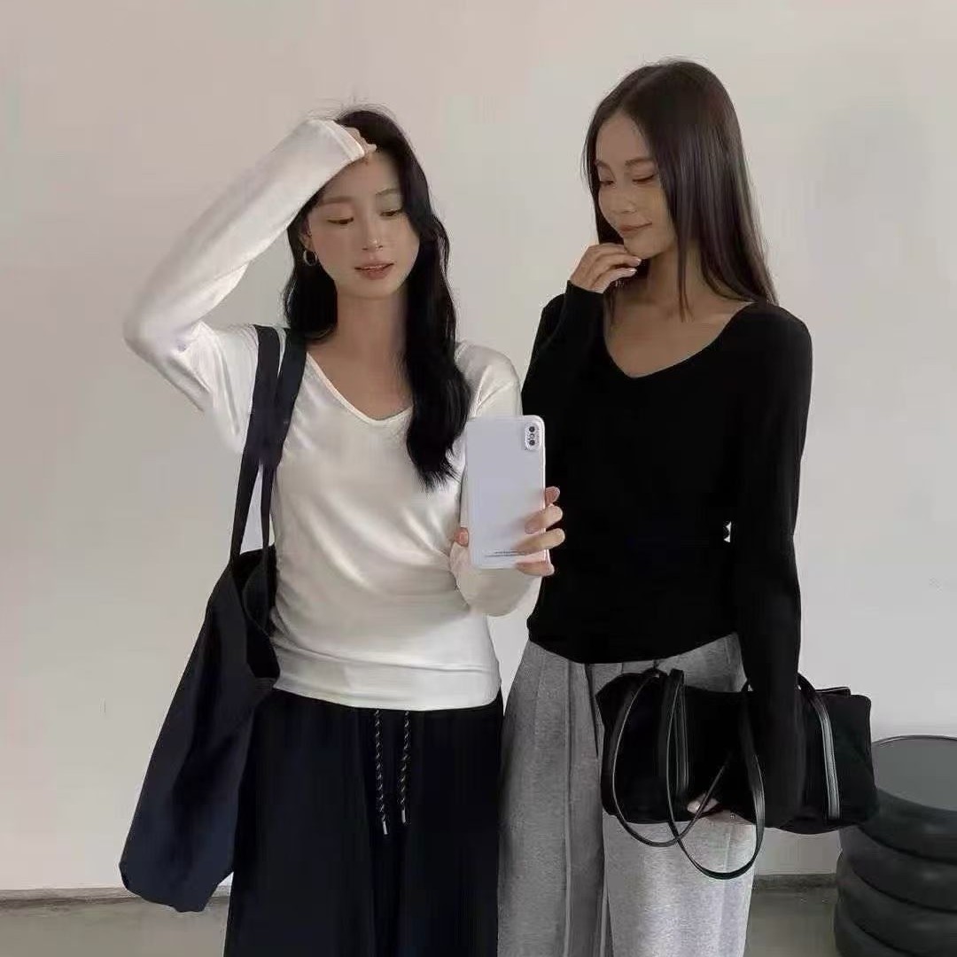 轻职风百搭长袖纯色老钱风T恤V领针织法式修身纽扣